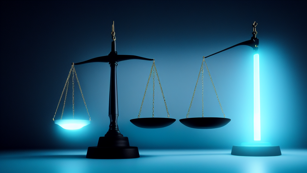 Balance de la justice portant une puce IA illuminée dans un tribunal futuriste