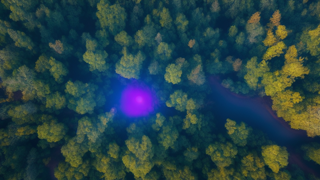 Vue aérienne nocturne d'une forêt avec anneau de détection thermique lumineux