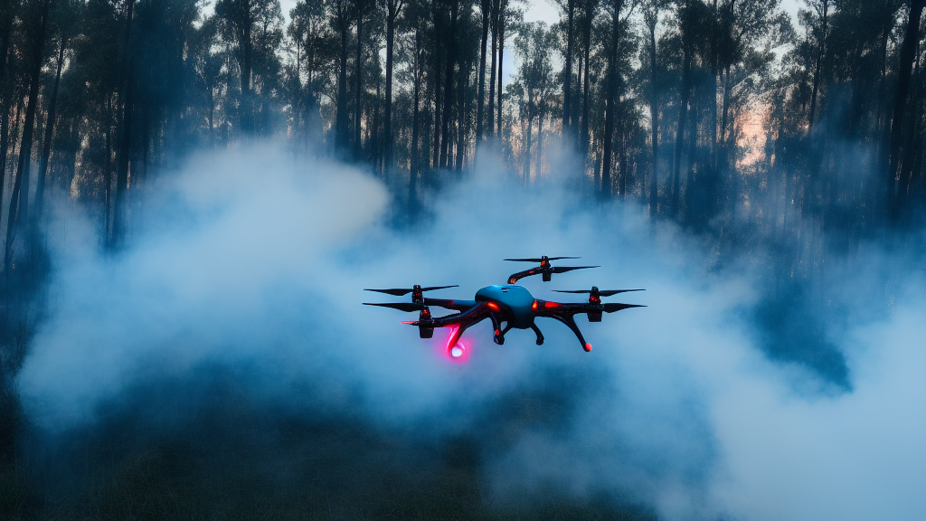 Drone anti-incendie survolant une pinède au crépuscule