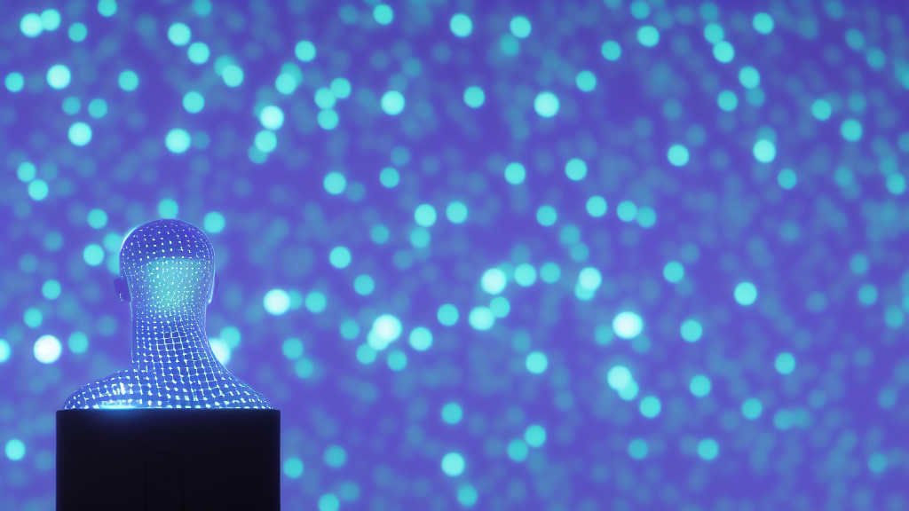 Agent IA autonome devant des écrans holographiques produisant articles et images
