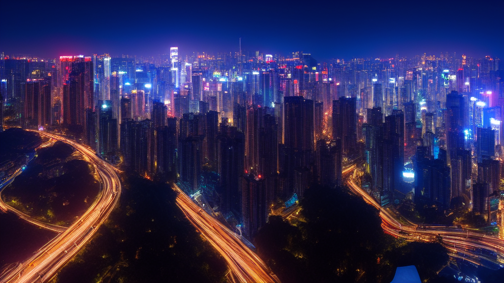 Skyline de Shenzhen avec usines robotisees illuminees