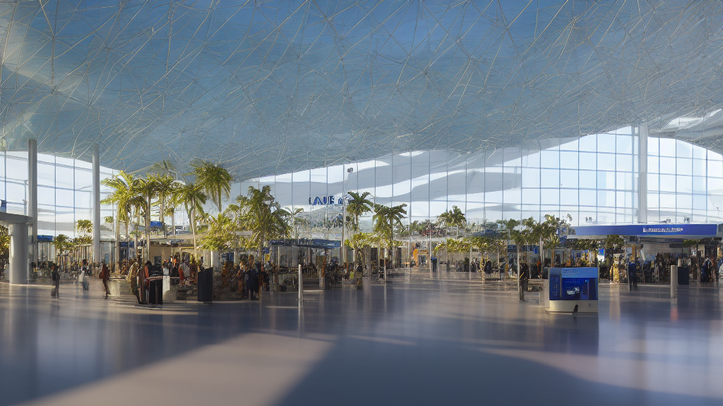 Terminal de hub international avec panneau des départs du monde et passeport au premier plan
