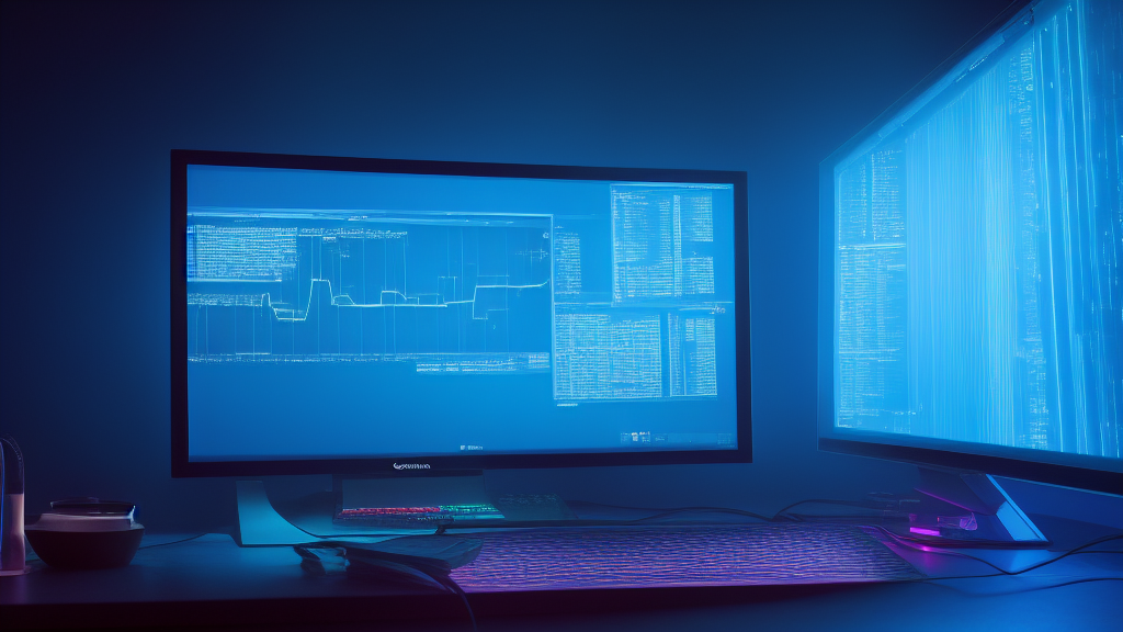 Ecran d ordinateur illuminant une piece sombre avec du code et des textes