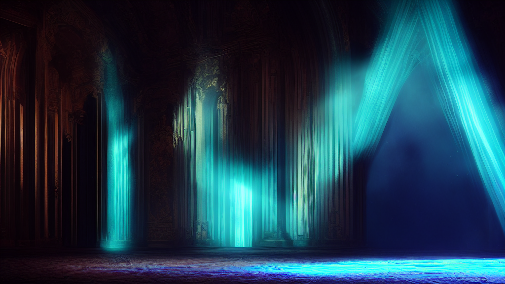 Porte lumineuse ouverte laissant echapper une lumiere cyan dans l obscurite