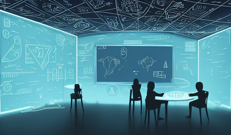Salle de classe futuriste à l'aube, enseignante devant un tableau holographique