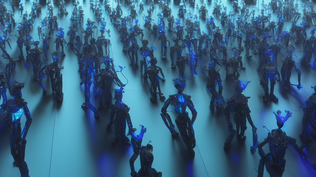 Rangee de robots humanoides en entrepot de production