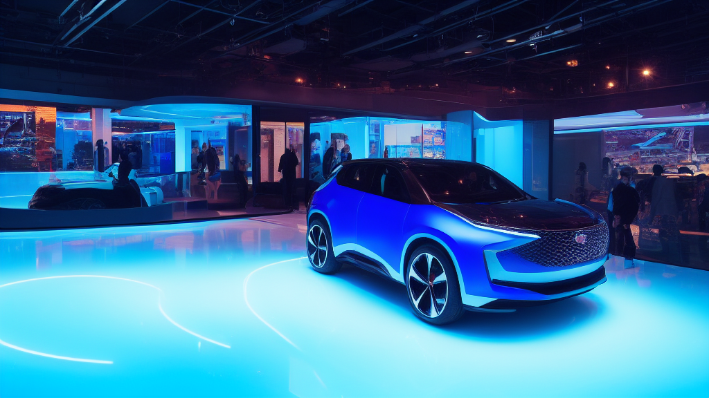 SUV électrique futuriste dans un showroom chinois la nuit