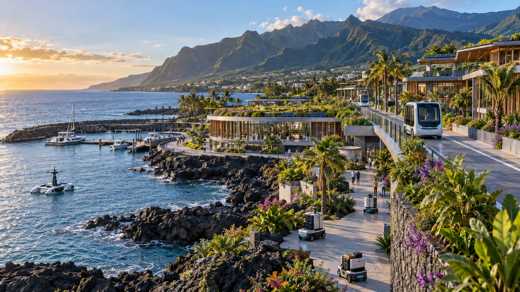 Campus côtier futuriste à La Réunion avec navettes autonomes et robots de service