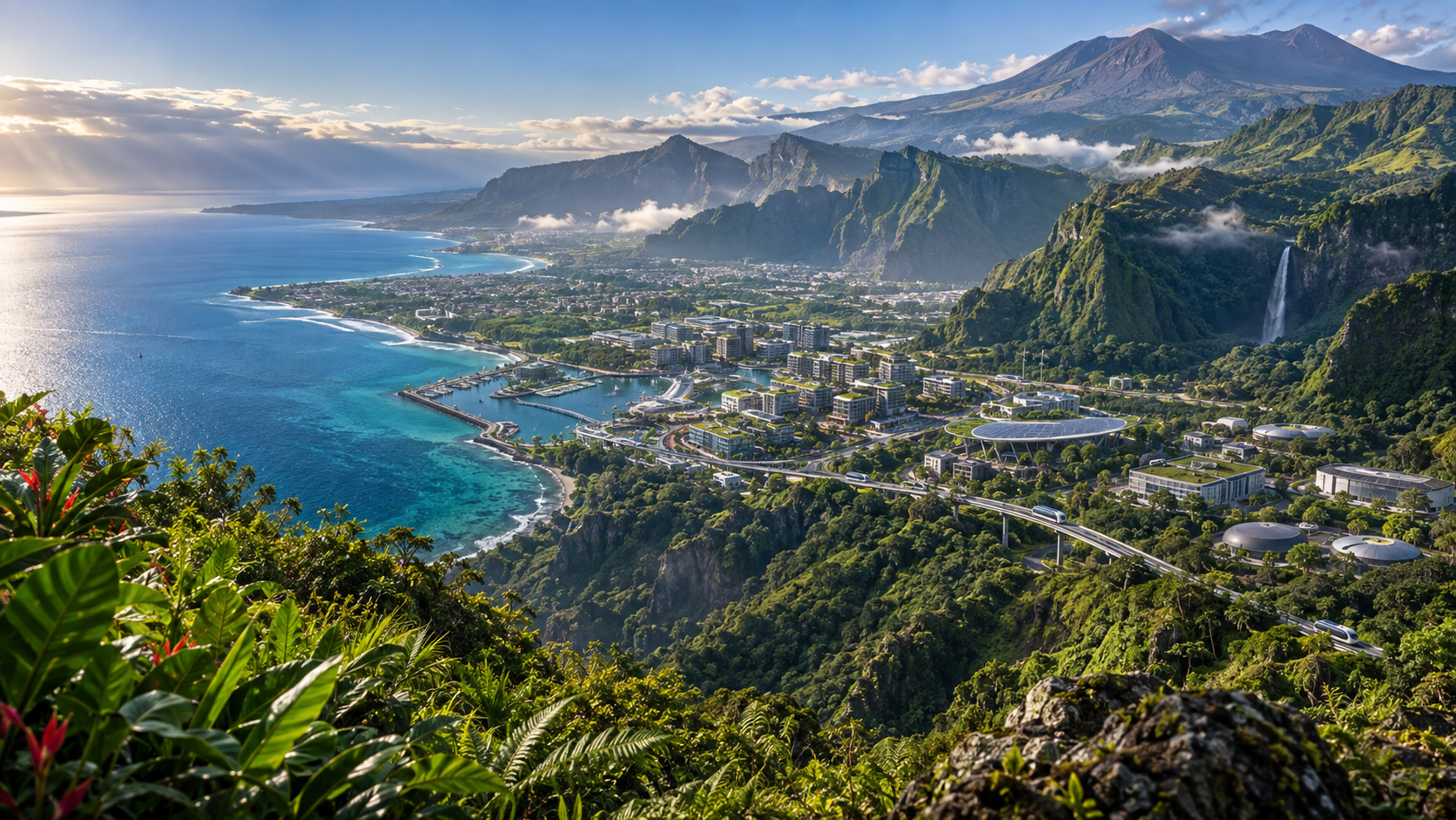 Vision panoramique de La Réunion futuriste : ville technologique intégrée au littoral, aux montagnes et à la forêt tropicale