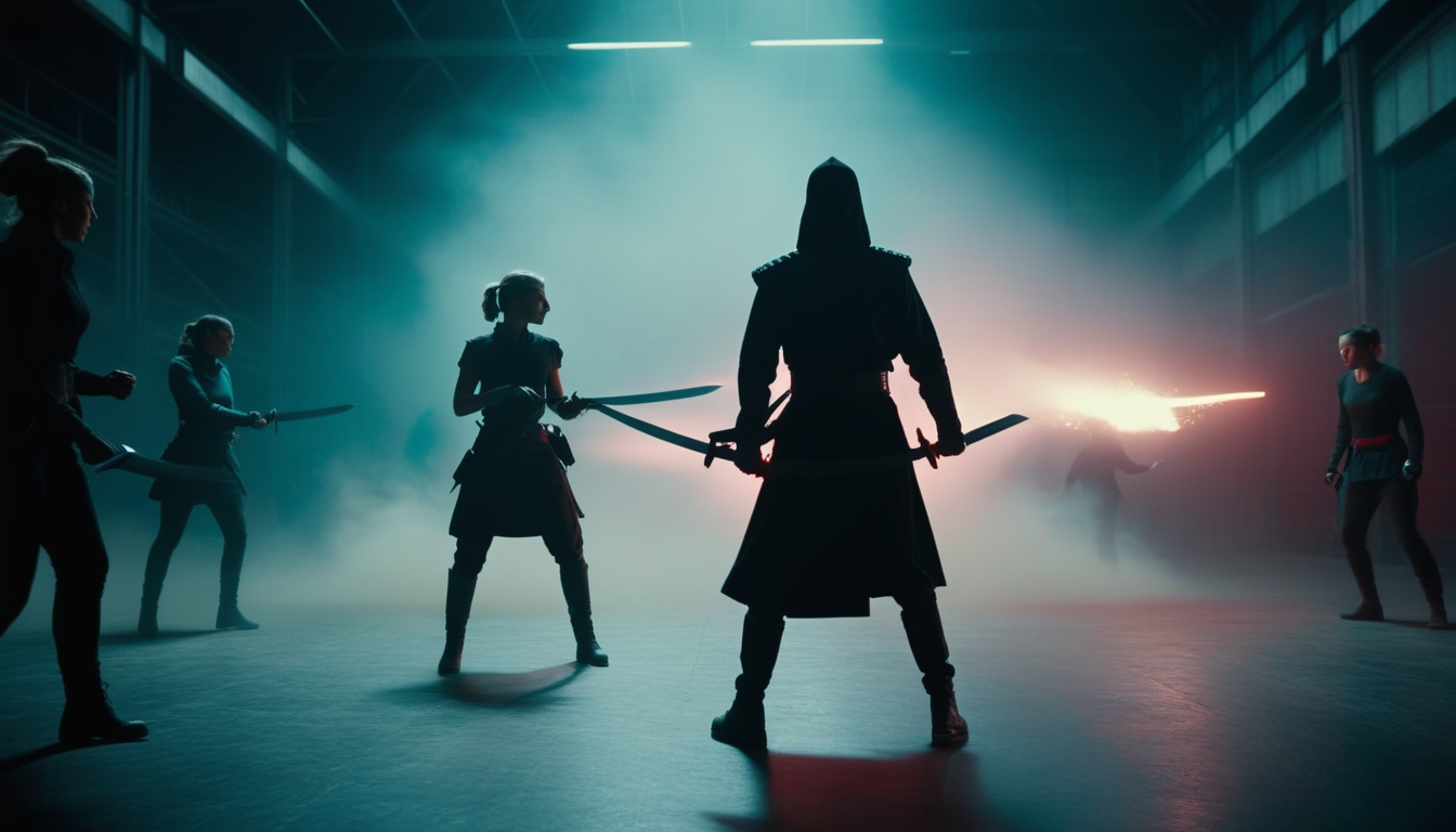 Grande silhouette encapuchonnée cernée par plusieurs silhouettes armées de lames courbes dans un entrepôt enfumé, éclairage turquoise et rouge