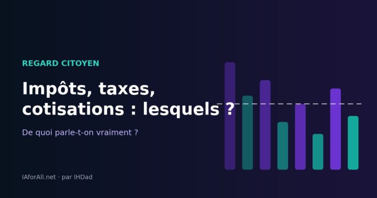 Illustration originale : barres turquoise et violettes et ligne de moyenne en pointillé, avec le titre « Impôts, taxes, cotisations : lesquels ? ».